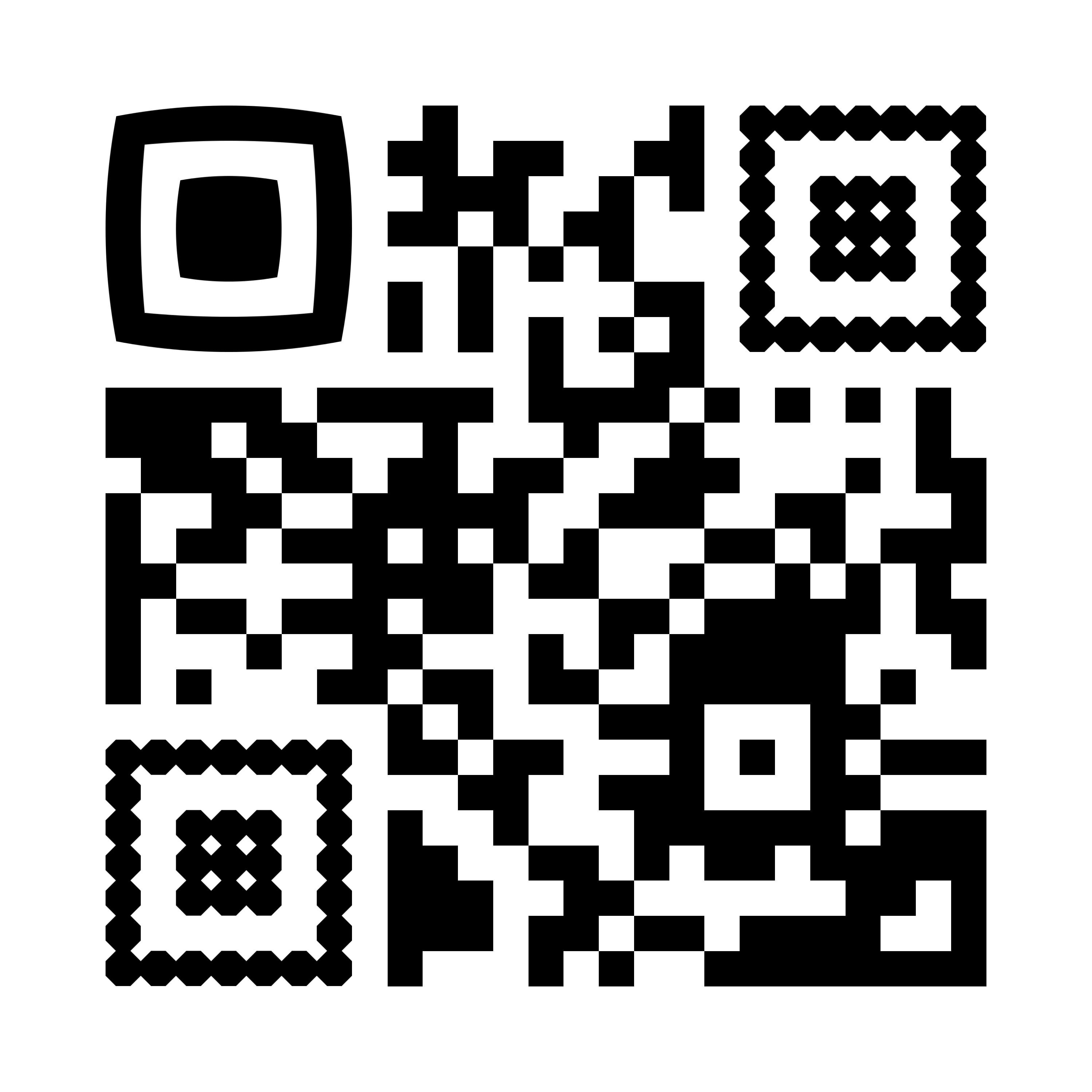 Black and white QR Code with custom edges and corners.