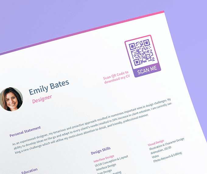 A resume of a designer with a QR Code that contains a complete design portfolio displayed in an image gallery style.