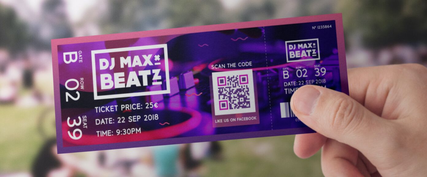 Admission ticket for a music festival with a QR Code that links to their Facebook page to increase likes and followers.